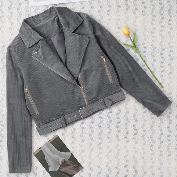 Belted Zip-Up Corduroy Jacket Gray - Picture 3 of 5